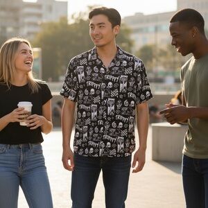 Black and White Casual Button Down Shirt with Gothic Print
